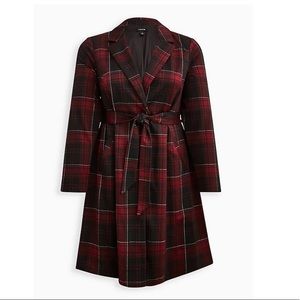 TORRID NWOT LONGLINE TRENCH COAT - DOUBLE KNIT PLAID RED NEVER WORN